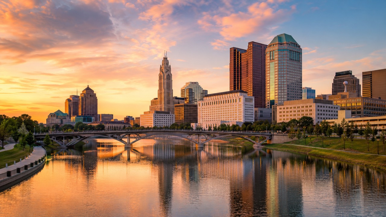 Columbus skyline and riverfront at sunset
