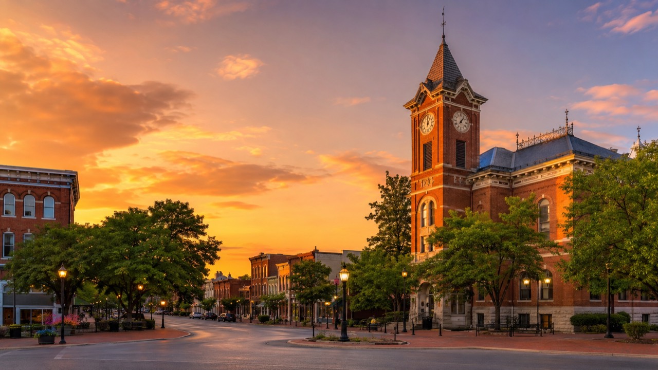 Historic downtown Delaware Ohio street and courthouse clock tower at sunset
