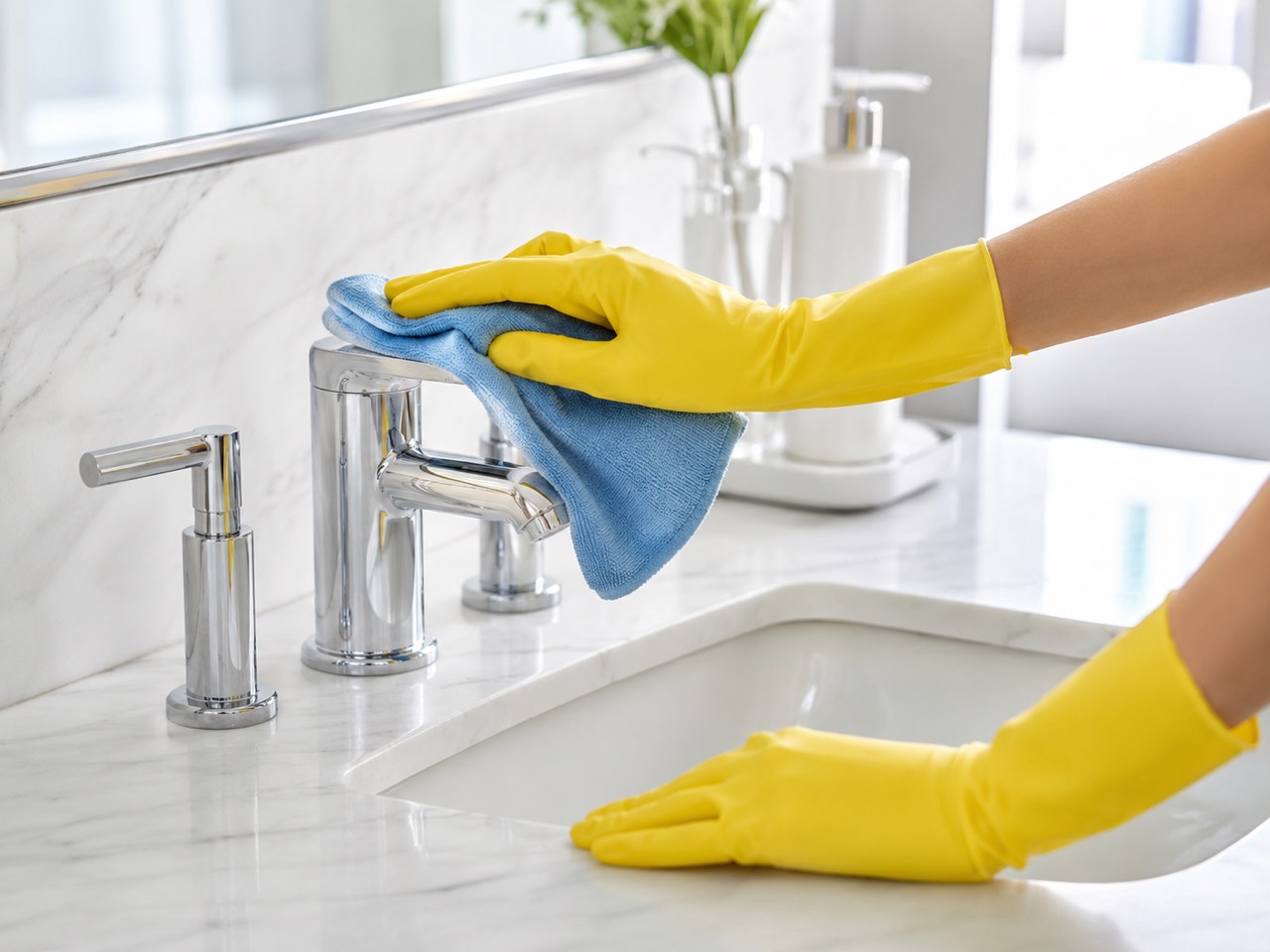 Bathroom faucet being wiped with cloth and yellow gloves