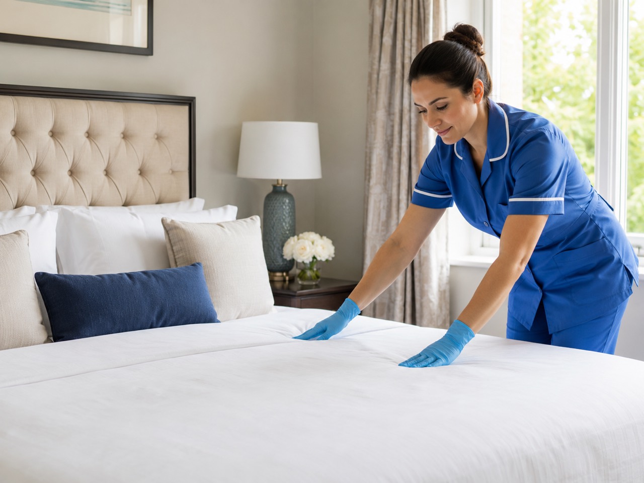 Bedroom linens being smoothed during house cleaning