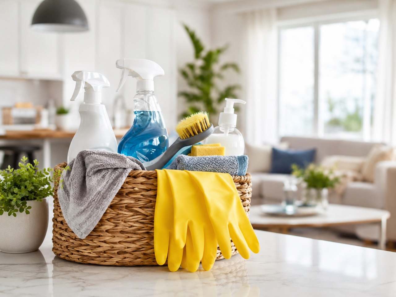 Basket of house cleaning supplies in a bright home