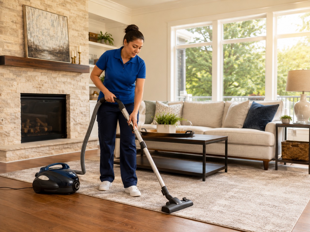 Living room carpet being vacuumed in a bright home