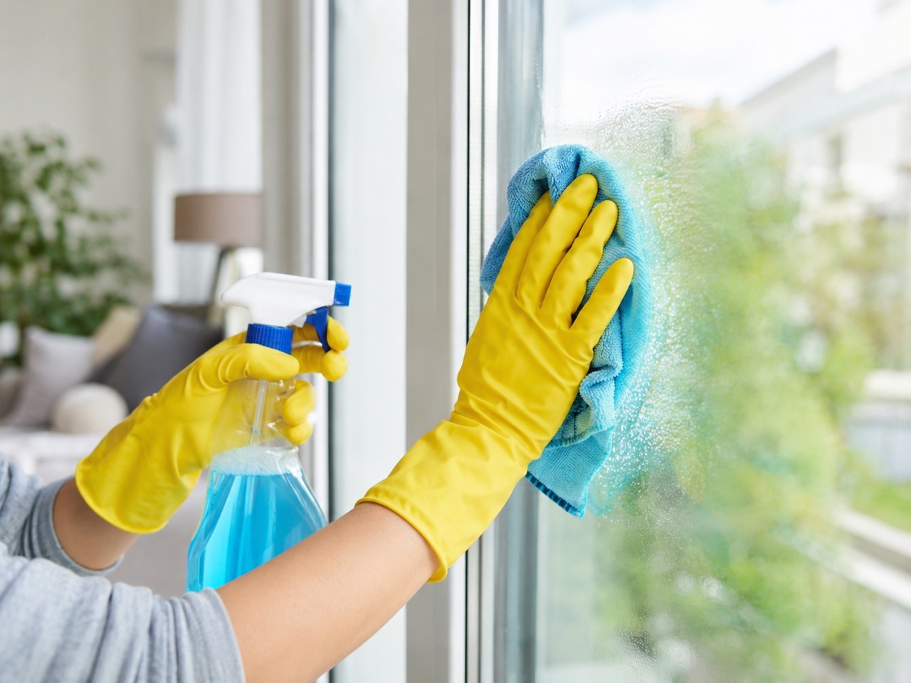 Window being cleaned with spray bottle and microfiber cloth
