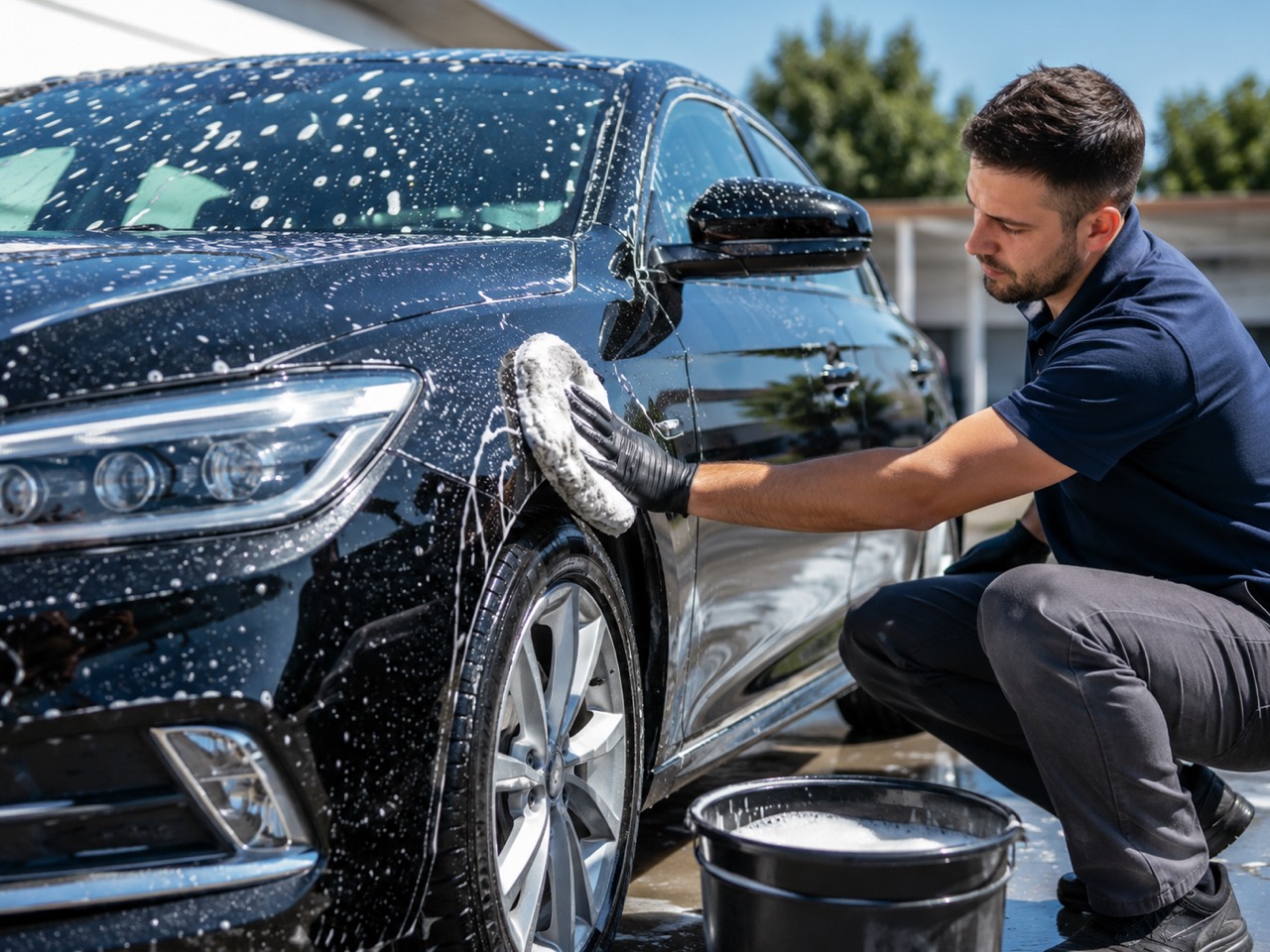 Vehicle exterior being hand washed with soap and bucket