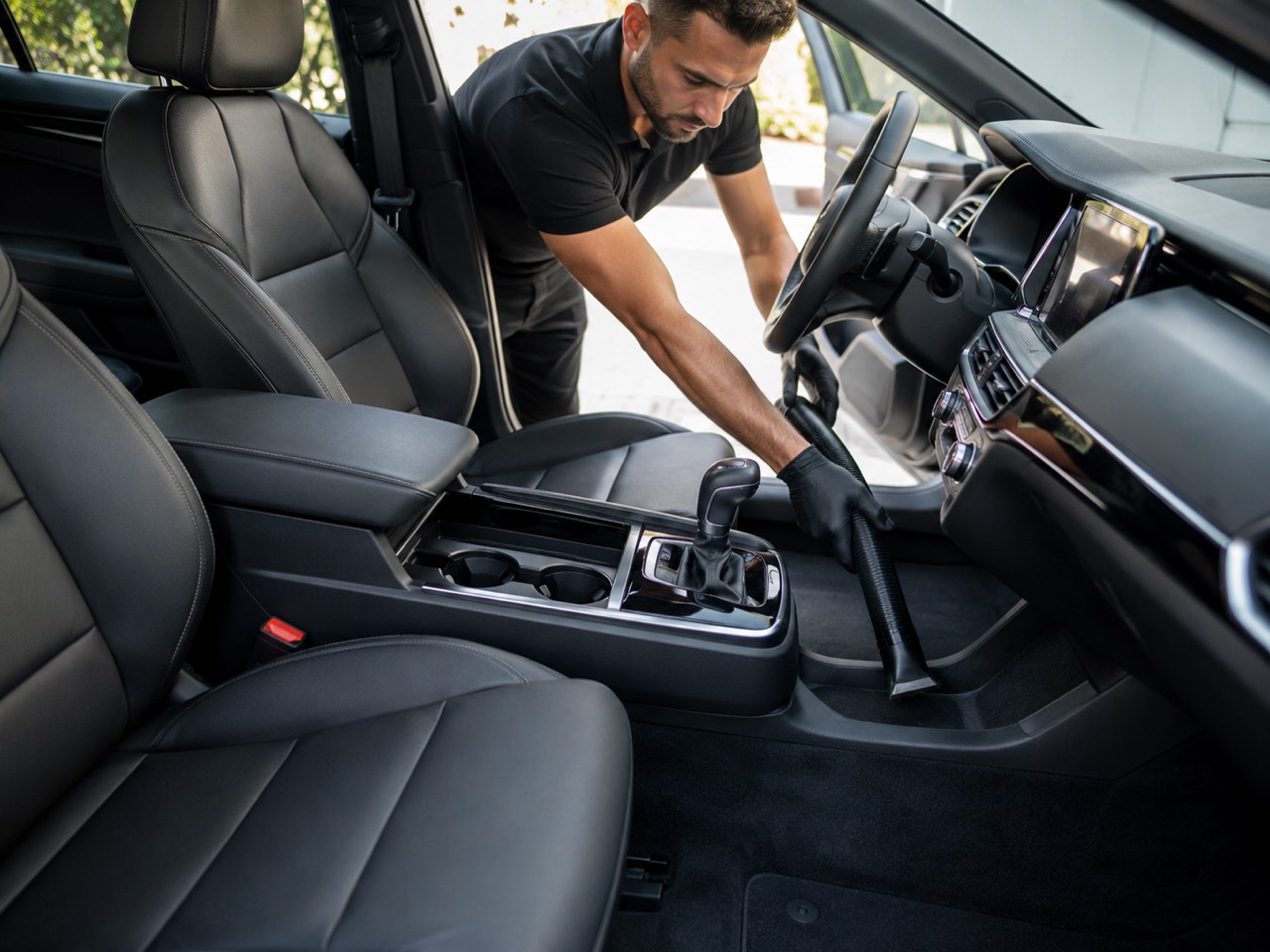 Vehicle interior carpet being vacuumed