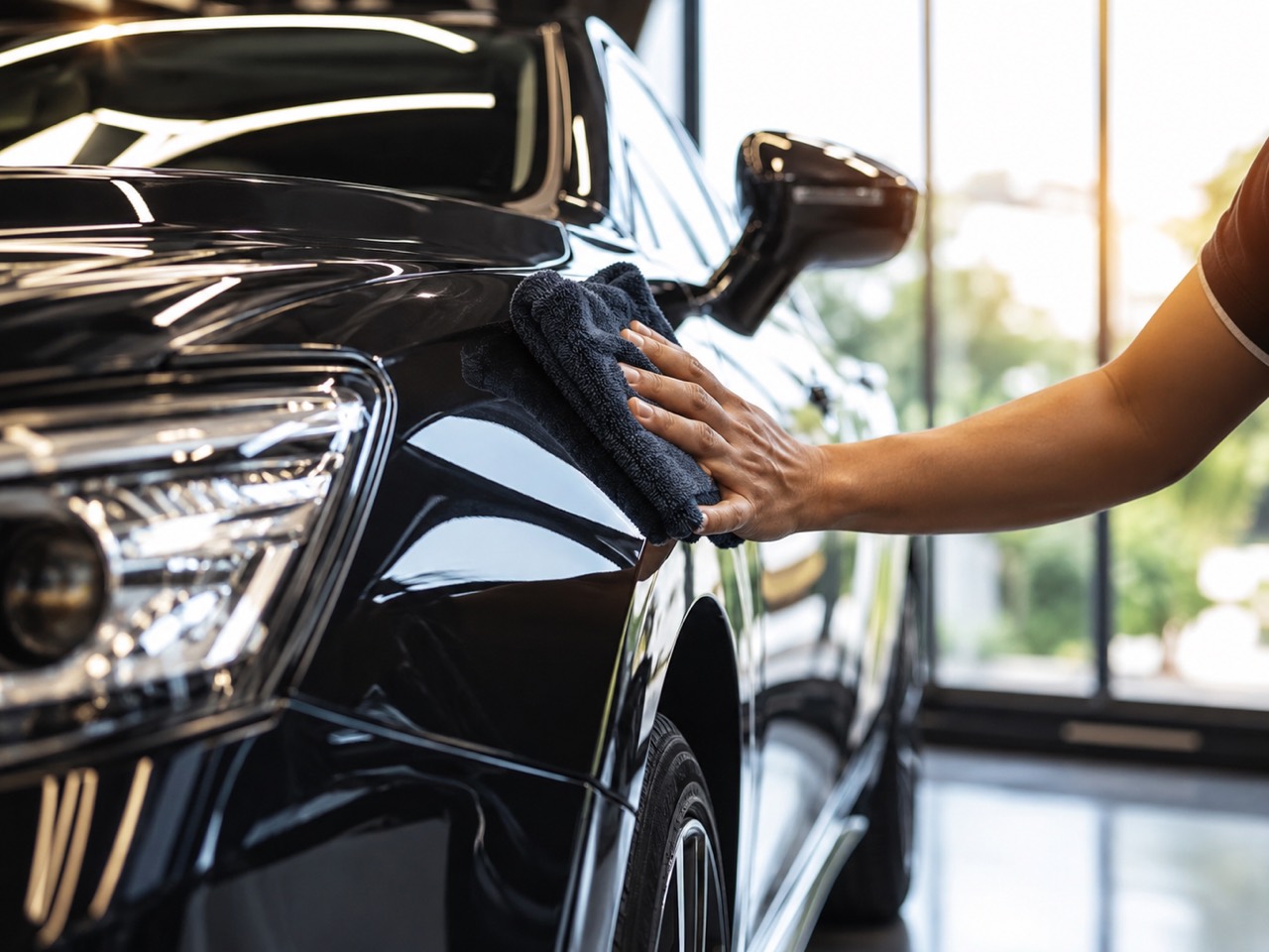 Detailing cloth polishing a black vehicle exterior